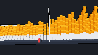 A track's waveform drawn as a landscape of pixel columns, with a playhead across it.