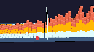 A track's waveform drawn as a landscape of pixel columns, with a playhead across it.